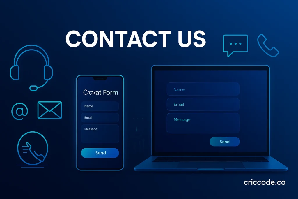 Contact Criccode support channels including email, contact form, app support and social media icons