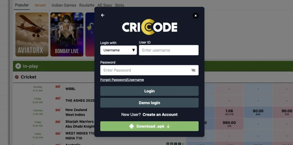 Criccode login page showing login form with username, password, and phone number fields